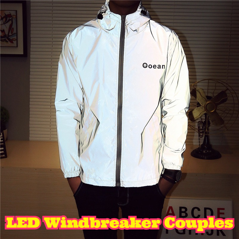 Reflective Running Jacket - LEDライトアップウィンドブレーカー カップルサイクリング反射ジャケット マッチングナイトランニングスポーツウェア 男女兼用 アウトドア安全レインコート